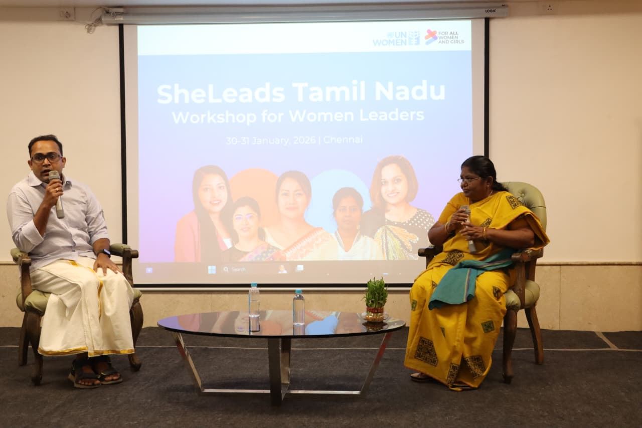 Rajaram in conversation on stage at SheLeads Tamil Nadu